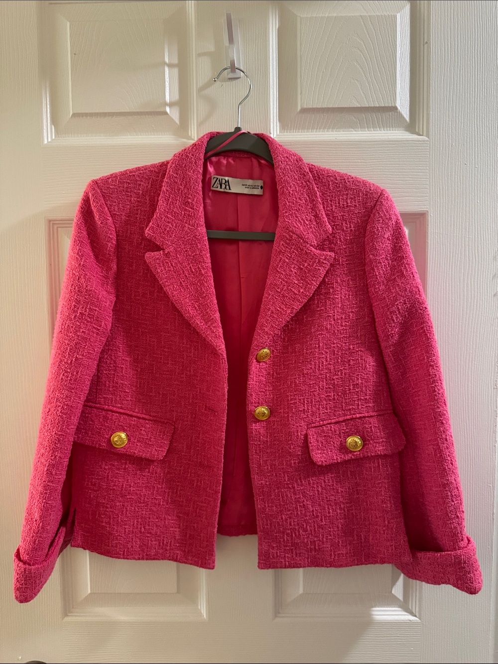 Zara Hot Pink Tweed Blazer with Gold Buttons